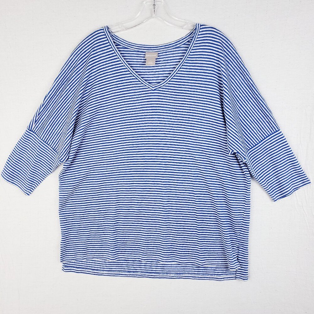 Chico’s Linen Tunic Top Striped Drop Shoulder Knit Stretch Blue White Nautical L